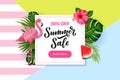 Tropical summer white frame on colorful background. Vector discount and sale banner, flyer, poster template Royalty Free Stock Photo