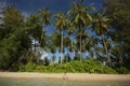 Tropical sunny beach with white sand, green palm trees, clear water. Young woman sitting on beach, view from water side Royalty Free Stock Photo