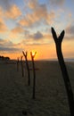 Tropical Sunrise over Fishing Net Drying Posts on Pacific Ocean Royalty Free Stock Photo