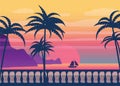 Tropical sunrise at seashore, sea landscape with palms, embankment, balusters, minimalistic illustration. Seascape Royalty Free Stock Photo