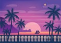 Tropical sunrise at seashore, sea landscape with palms, embankment, balusters, minimalistic illustration. Seascape Royalty Free Stock Photo