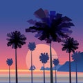 Tropical sunrise at seashore, sea landscape with palms, sailing boat minimalistic illustration. Seascape sunrise or Royalty Free Stock Photo
