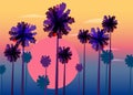 Tropical sunrise at seashore, sea landscape with palms, sailing boat minimalistic illustration. Seascape sunrise or Royalty Free Stock Photo