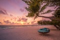 Exotic beach sunset landscape with beach swing, romantic couple destination scenic Royalty Free Stock Photo