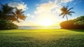 Tropical sunset beach grass ocean palm trees Royalty Free Stock Photo