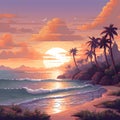 Tropical sunset beach with palm trees and waves. Vector illustration Royalty Free Stock Photo