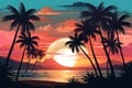 Tropical Sunset beach scene with palm trees. Vintage retro poster