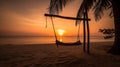 Tropical sunset beach and sky background as exotic summer landscape with beach swing or hammock and white sand and calm sea beach Royalty Free Stock Photo
