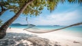 Tropical sunset beach and sky background as exotic summer landscape with beach swing or hammock and white sand and calm sea beach