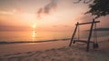 Tropical sunset beach and sky background as exotic summer landscape with beach swing or hammock and white sand and calm sea beach