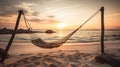 Tropical sunset beach and sky background as exotic summer landscape with beach swing or hammock and white sand and calm sea beach