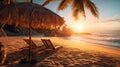 Tropical sunset on a beach with two sunbeds and an umbrella, generative ai