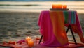 Tropical sunset celebration burning candle, multi colored drink, orange fruit decoration generated by AI