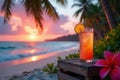 Tropical sunset cocktail on a beach at dusk. Generative AI Royalty Free Stock Photo