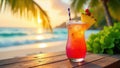 Tropical sunset cocktail on wooden beach table. Generative AI Royalty Free Stock Photo
