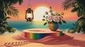 Tropical sunset with flowers on a pedestal and a lantern Royalty Free Stock Photo