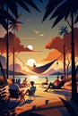 Tropical Sunset Gathering: Friends Relaxing by Lakeside Hammock Royalty Free Stock Photo