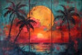 Tropical Sunset Landscape Painting, Vibrant Nature Travel Art, Oceanscape Background, Wilderness Wallpaper, Colorful Backdrop Royalty Free Stock Photo