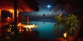 sunset at night resort tropical palm and straw bungalow green blue pool water blurred light starry sky exotic holiday Royalty Free Stock Photo