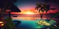 sunset at night resort tropical palm and straw bungalow green blue pool water blurred light starry sky exotic holiday Royalty Free Stock Photo