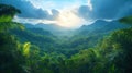 Radiant Sunlight Over Lush Tropical Jungle Mountains Royalty Free Stock Photo