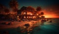 Tropical sunset over luxury bungalow, palm trees and tranquil pool generated by AI