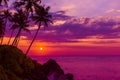 Tropical sunset over the ocean with coconut palm tree silhouettes Royalty Free Stock Photo