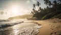 Tropical sunset over tranquil waters, palm trees frame idyllic landscape generated by AI Royalty Free Stock Photo