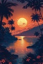 Tropical Sunset Painting With Palm Trees Royalty Free Stock Photo