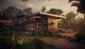 Tropical sunset paints modern bungalow in lush green generated by AI