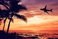 Tropical sunset with palm tree and airplane silhouettes Royalty Free Stock Photo