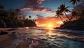 Tropical sunset, palm tree, coastline nature tranquil beauty generated by AI
