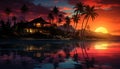 Tropical sunset, palm tree reflection, tranquil beach, summer vacations generated by AI Royalty Free Stock Photo