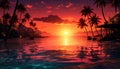 Tropical sunset, palm tree silhouette, tranquil beach, summer vacation generated by AI Royalty Free Stock Photo