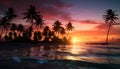 Tropical sunset, palm tree silhouette, tranquil water reflection generated by AI Royalty Free Stock Photo