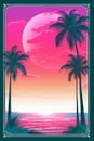 tropical sunset with palm trees and a pink moon Royalty Free Stock Photo