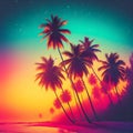 Tropical beach with palm trees at sunset. Vector illustration. Royalty Free Stock Photo