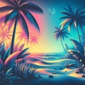 Tropical beach with palm trees at sunset. Vector illustration. Royalty Free Stock Photo