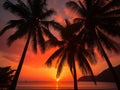 Tropical Sunset with Palm Trees Silhouetted Against Vibrant Orange Sky