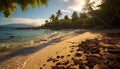 Tropical sunset, palm trees, waves crashing on sand generated by AI Royalty Free Stock Photo