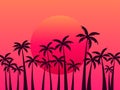 Tropical sunset with palms and gradient sun in 80s style. Design for advertising brochures, banners, posters, travel agencies.