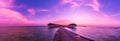 Tropical sunset panorama. Beach sunset in Maldives island with luxury water villas and long wooden pier Royalty Free Stock Photo