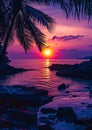 Tropical Sunset Paradise, neon colors, orange sun, AI Generated