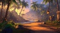 Tropical sunset path, fireflies, lantern, beach, game background Royalty Free Stock Photo