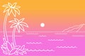Tropical sunset with sea, palms and mountain. Lanscape in minimalistic style.