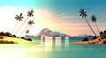 Tropical Sunset On Seaside Amazing Exotic Landscape Of Beach With Palm Trees And Rocks Royalty Free Stock Photo