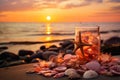 Tropical Sunset, Shells, Starfish, and a Summer Cocktail. Ideal for Text Overlay. Beach Bliss