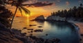 Tropical Sunset Splendor on the Shore. Generative AI