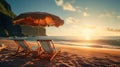 Tropical sunset on a sunny beach with two sunbeds and an umbrella, generative ai Royalty Free Stock Photo