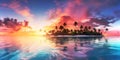 Tropical sunset or sunrise over the horizon with exotic island
